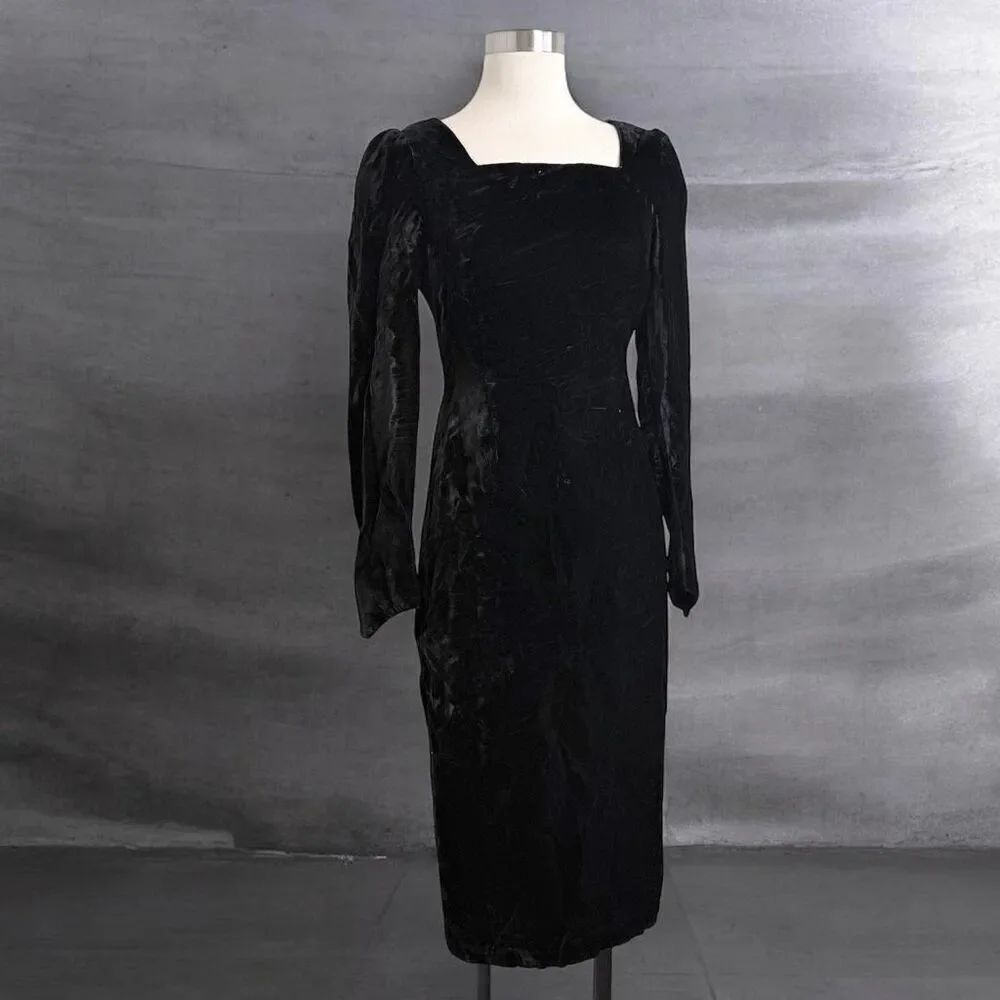 Handmade Square Neck Black Velvet Wednesday Addams Sabrina Lace Bow Dress Small